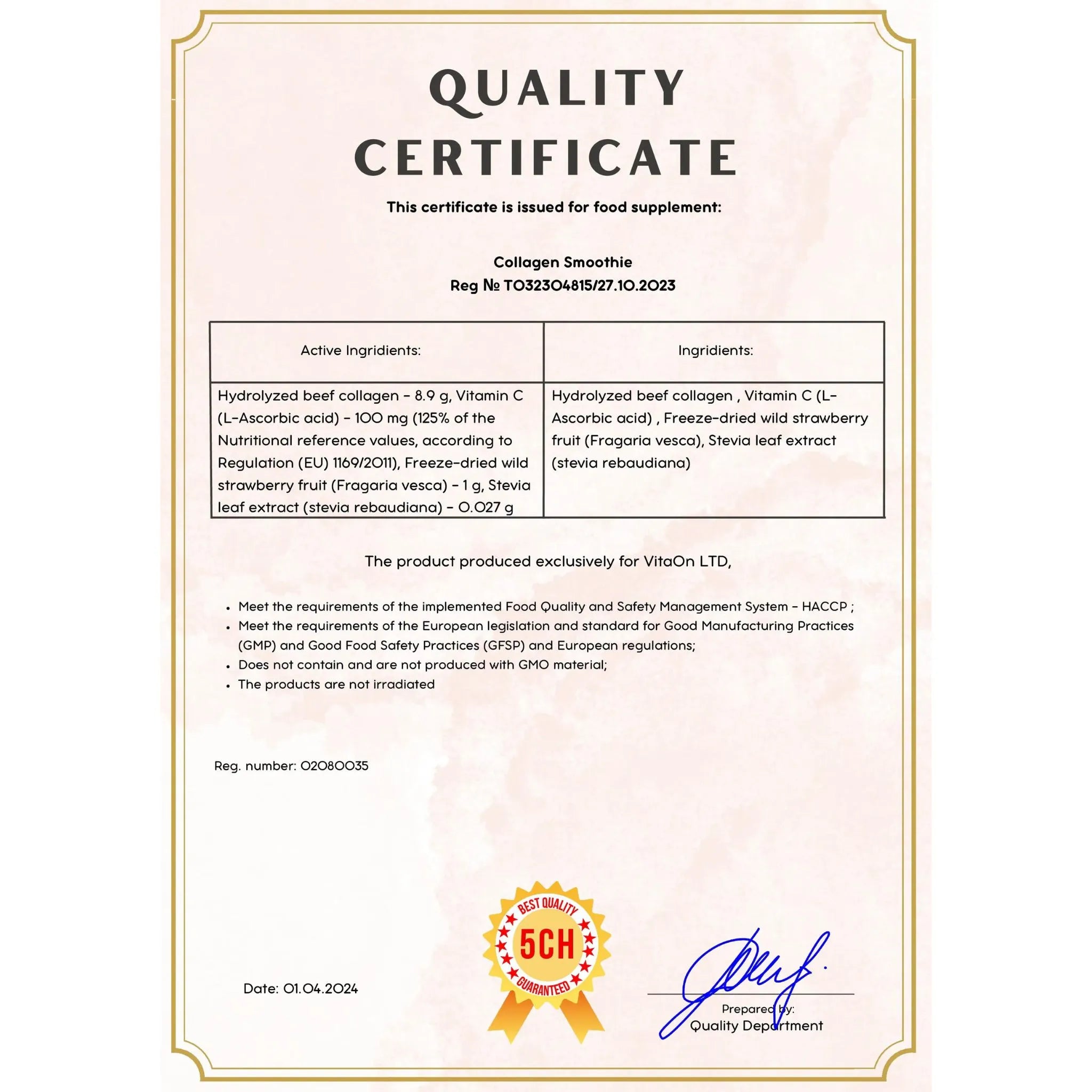 Certificat de calitate smoothie cu colagen