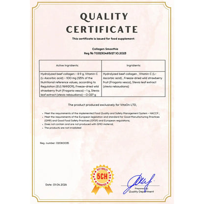 Certificat de calitate smoothie cu colagen