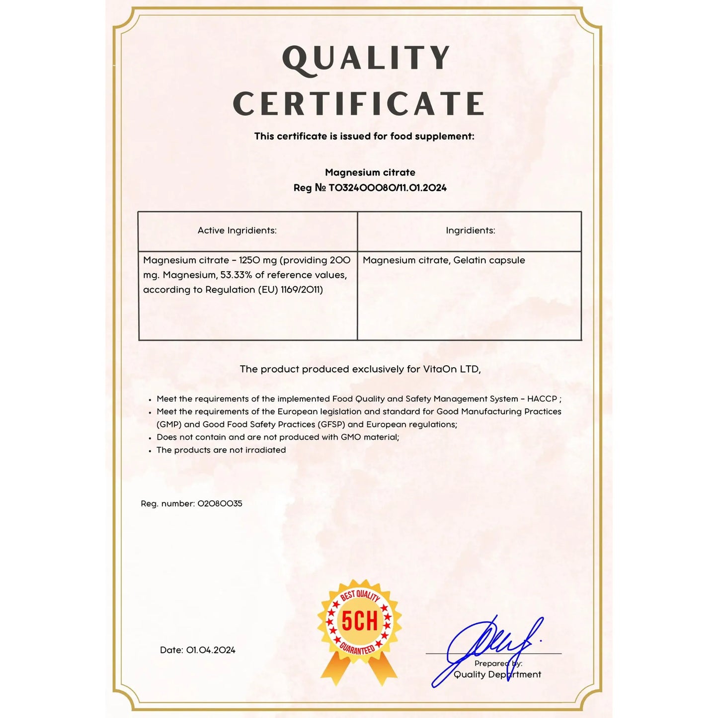 Certificat de calitate citrat de magneizu