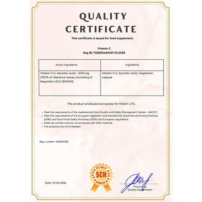 Certificat de calitate vitamina c