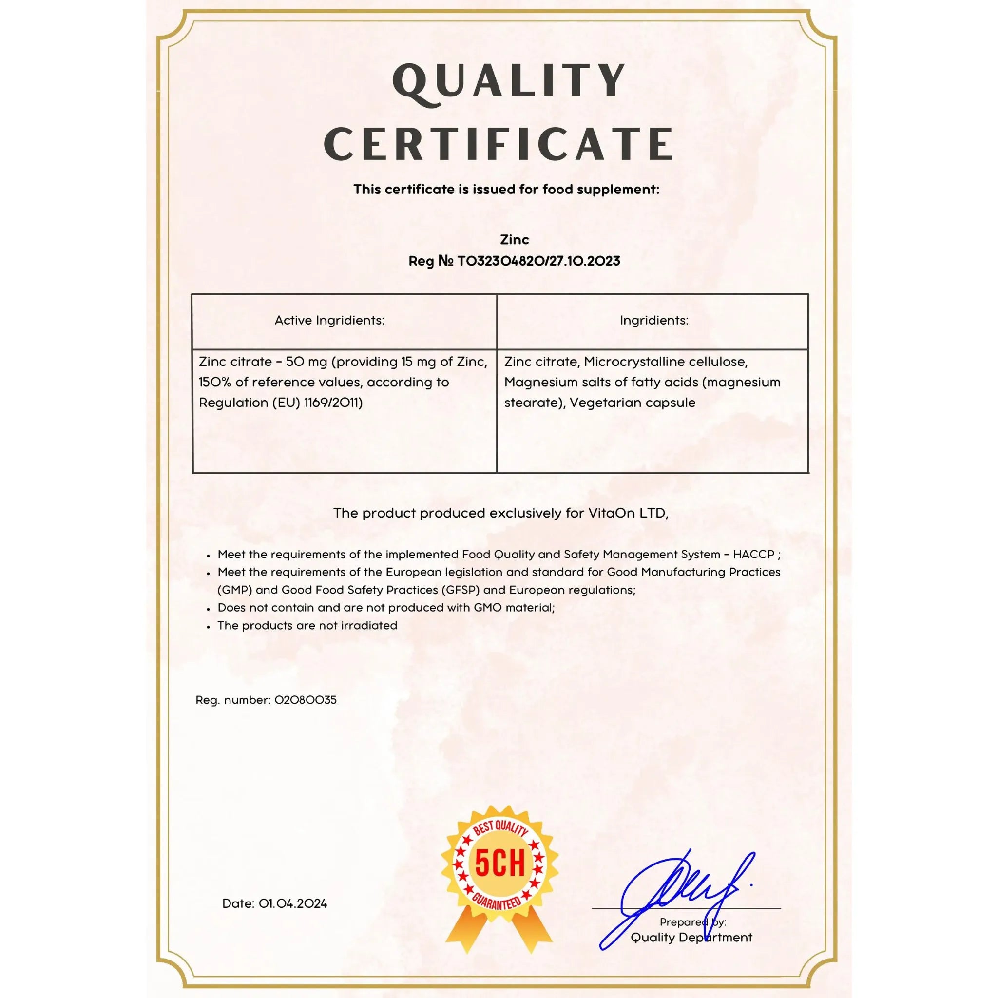 Certificat de calitate zinc